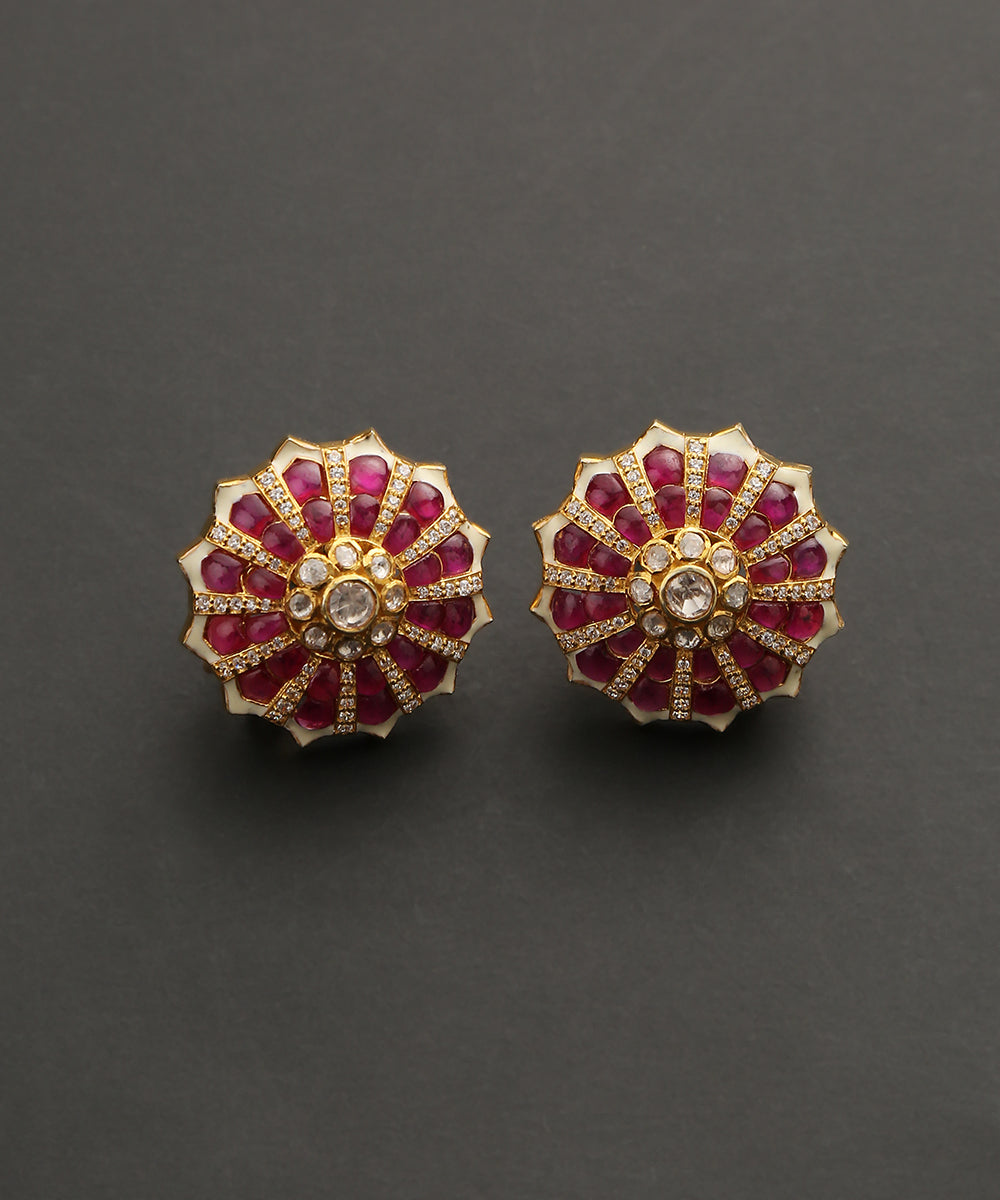 Rida_Stud_Earrings_With_Moissanite_Polki_And_Pink_Stones_Handcrafted_in_Pure_Silver_WeaverStory_02