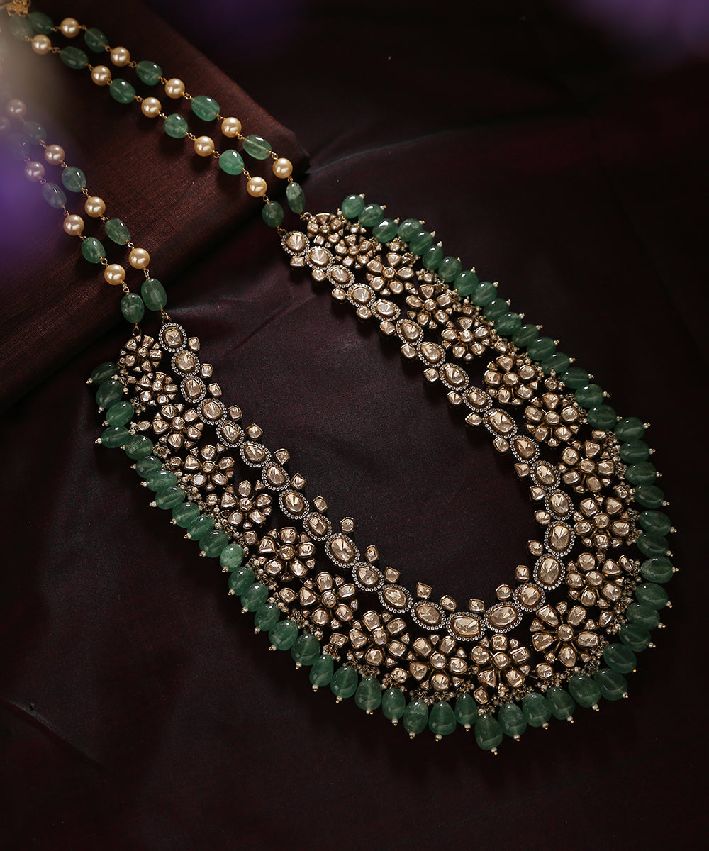 Zehra_Handcrafted_Pure_Silver_Necklace_With_Moissanite_Polki_And_Melons_WeaverStory_01