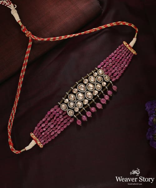 Umaima_Handcrafted_Pure_Silver_Necklace_With_Moissanite_Polki_And_Melons_WeaverStory_01