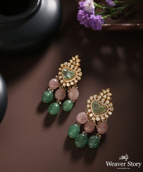 Shaffan_Moissanite_Polki_Pure_Silver_Earrings_With_Emerald_Hangings_WeaverStory_01