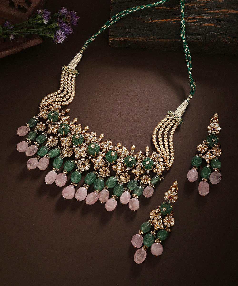 Shiza_Moissanite_Polki_Pure_Silver_Necklace_Set_With_Emeralds_WeaverStory_01