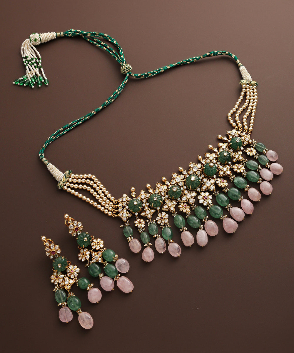 Shiza_Moissanite_Polki_Pure_Silver_Necklace_Set_With_Emeralds_WeaverStory_02