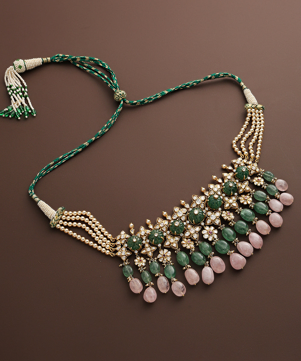 Shiza_Moissanite_Polki_Pure_Silver_Necklace_Set_With_Emeralds_WeaverStory_03