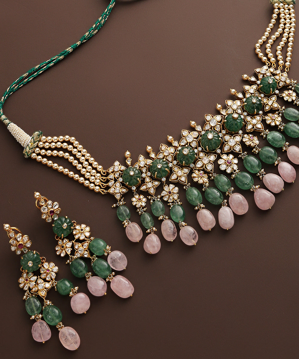 Shiza_Moissanite_Polki_Pure_Silver_Necklace_Set_With_Emeralds_WeaverStory_05