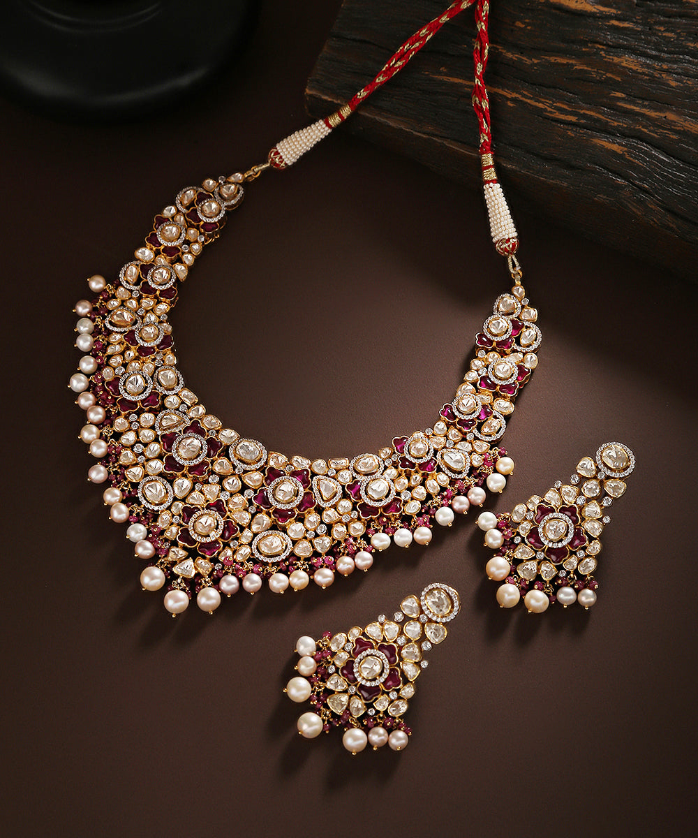 Charvi_Handcrafted_Moissanite_Polki_Necklace_Set_In_Pure_Silver_With_Pearls_WeaverStory_01