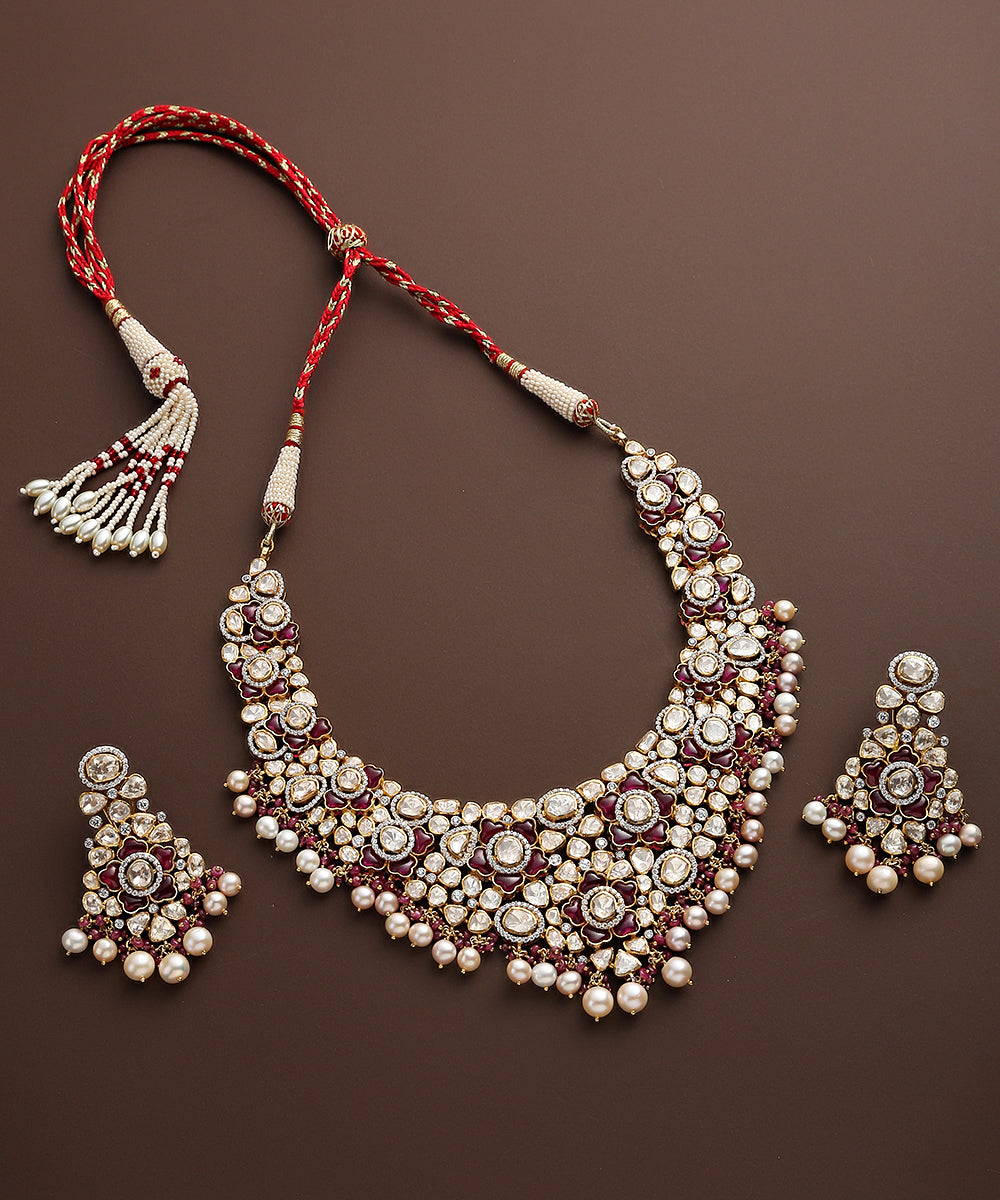 Charvi_Handcrafted_Moissanite_Polki_Necklace_Set_In_Pure_Silver_With_Pearls_WeaverStory_02