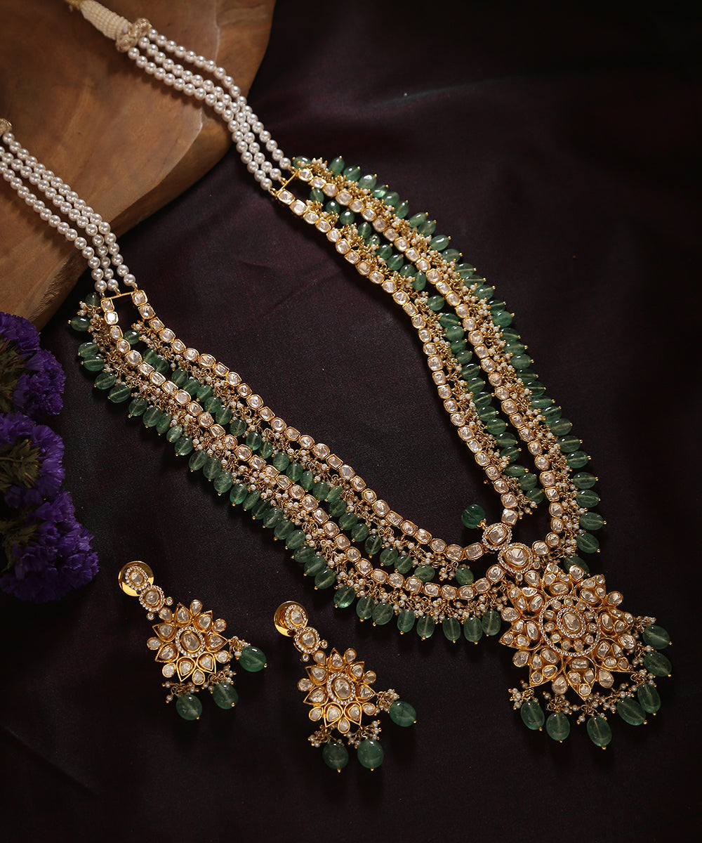 Kausar_Handcrafted_Pure_Silver_Necklace_Set_With_Moissanite_Polki_And_Melons_WeaverStory_01