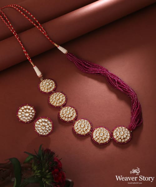 Tulsi_Polki_Necklace_Set_with_Pure_Silver_WeaverStory_01
