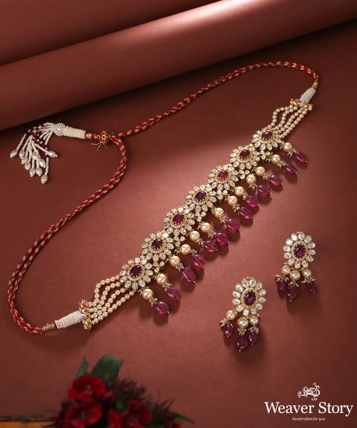 Geetika_Pure_Silver_Moissanite_Polki_Necklace_Set_WeaverStory_01