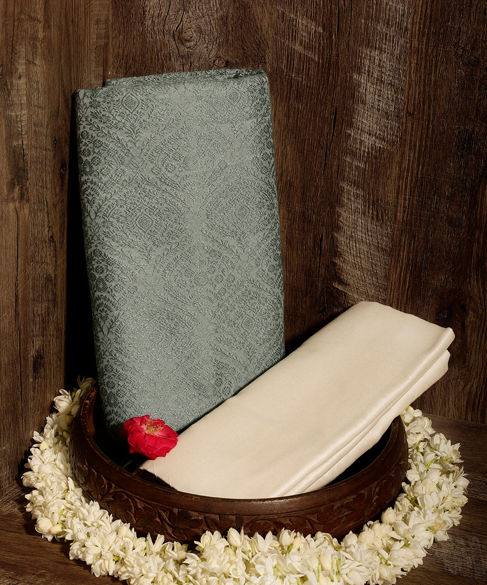 Dark_Sea_Green_Handloom_Menswear_Satin_Silk_Kurta_With_Jaal_And_Cotton_Silk_Pants_Fabric_WeaverStory_01