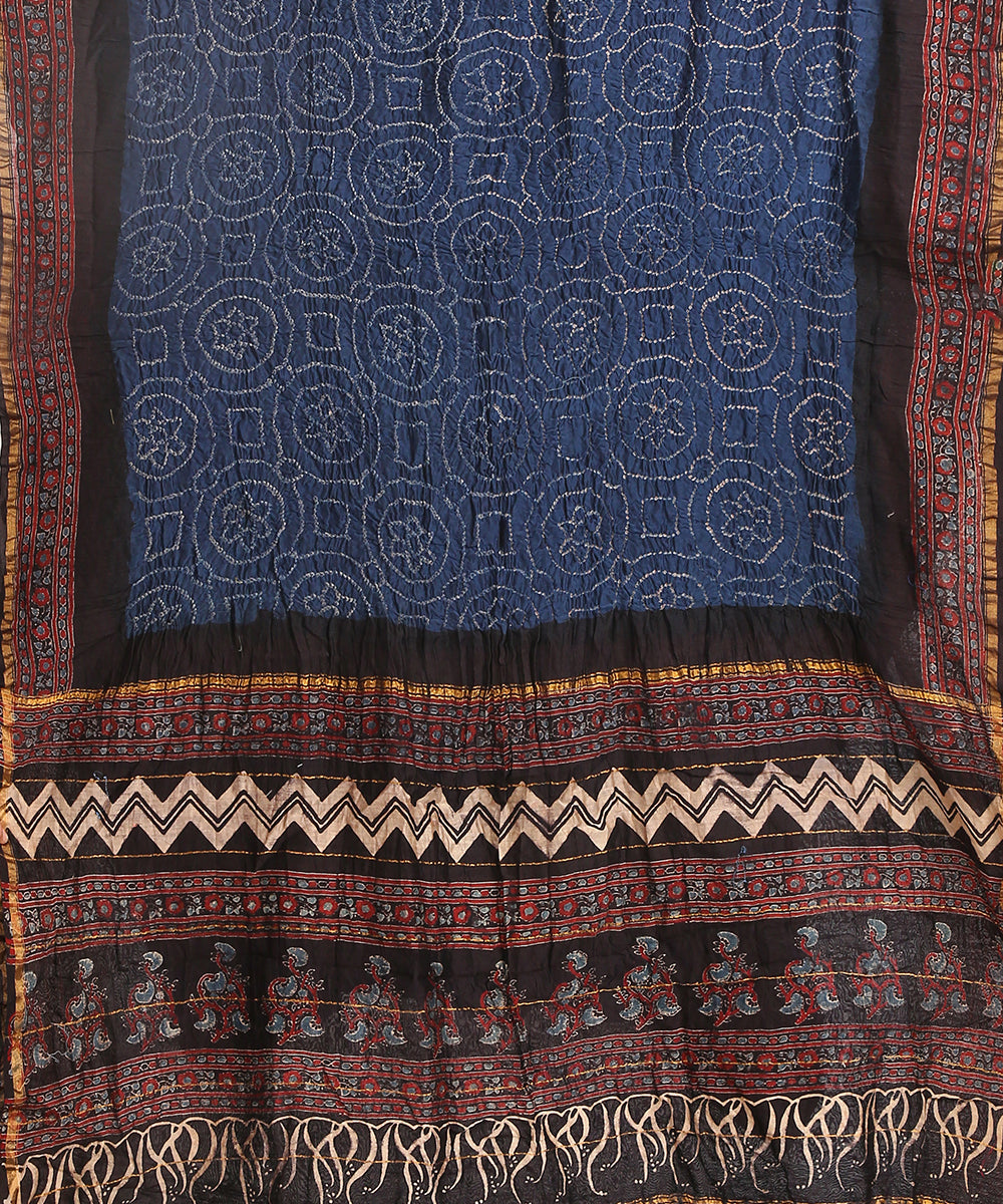 Blue_And_Black_Handloom_Maheshwari_Silk_Bandhani_Saree_With_Hand_Block_Ajrakh_Print_WeaverStory_02