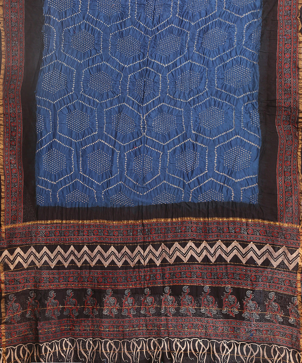 Handloom_Blue_And_Black_Maheshwari_Bandhani_Saree_With_Hand_Block_Ajrakh_Print_WeaverStory_02