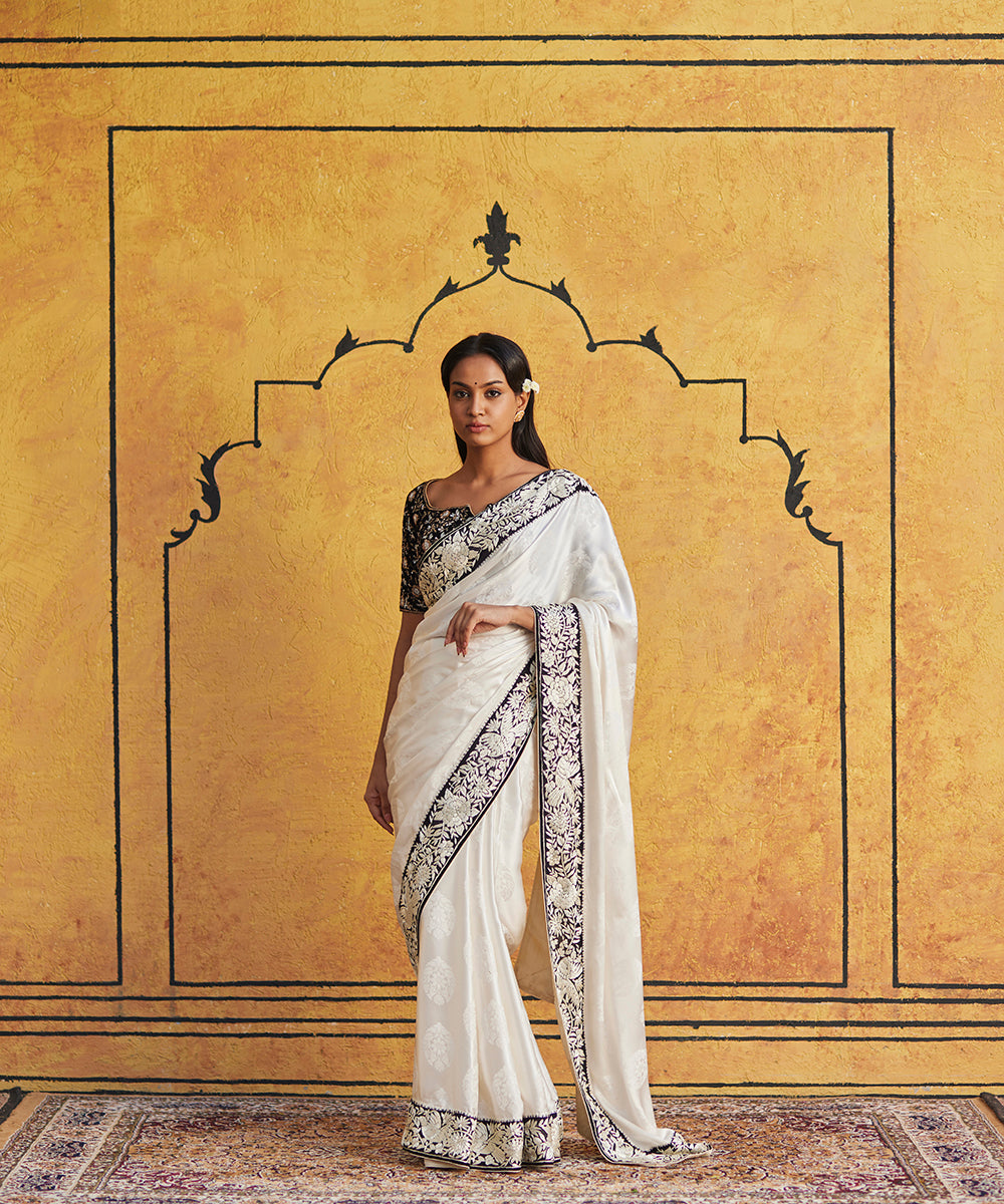White_Hand_Embroidered_Satin_Silk_Parsi_Gara_Saree_With_Black_Border_WeaverStory_01
