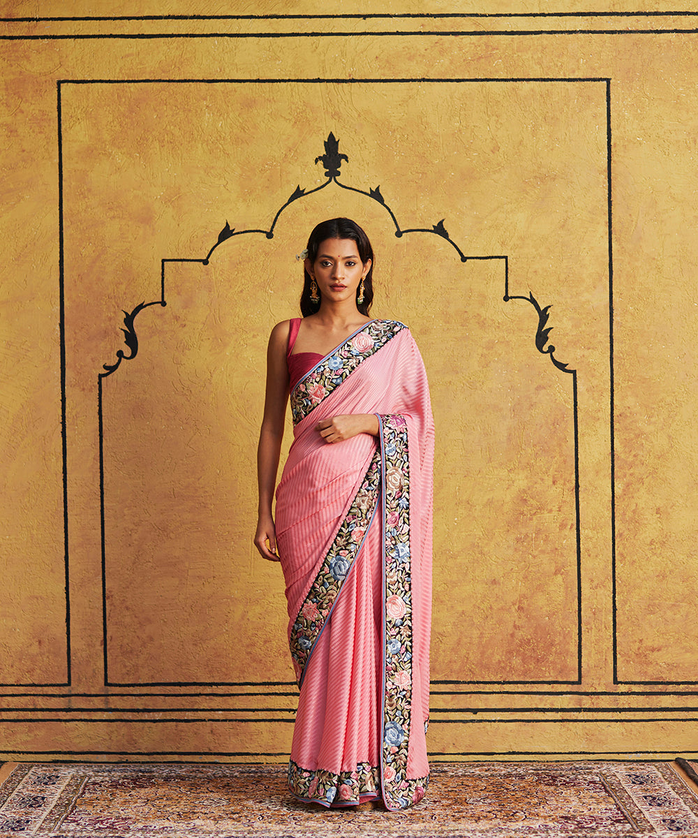 Pink_Hand_Embroidered_Crepe_Jacquard_Parsi_Gara_Saree_
With_Black_Floral_Border_WeaverStory_01