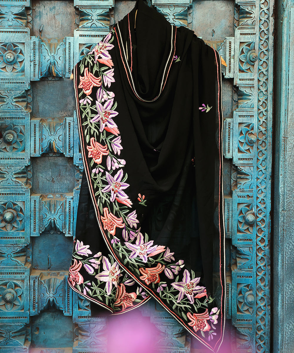 Black_Handloom_Georgette_Parsi_Gara_Dupatta_With_Embroidered_Floral_Lily_Border_WeaverStory_01