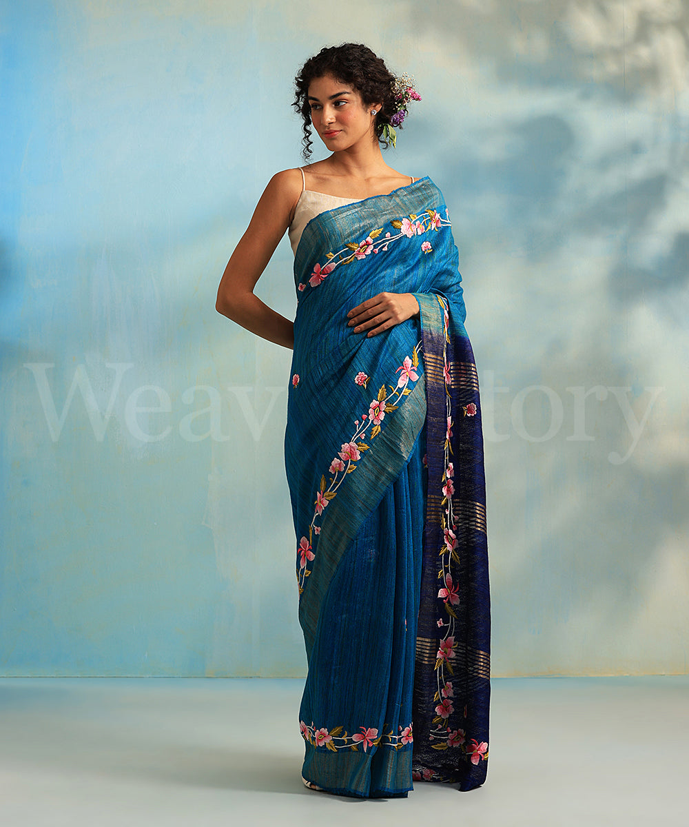 Blue_Handloom_Tussar_Silk_Parsi_Gara_Saree_With_Floral_Bel_WeaverStory_02