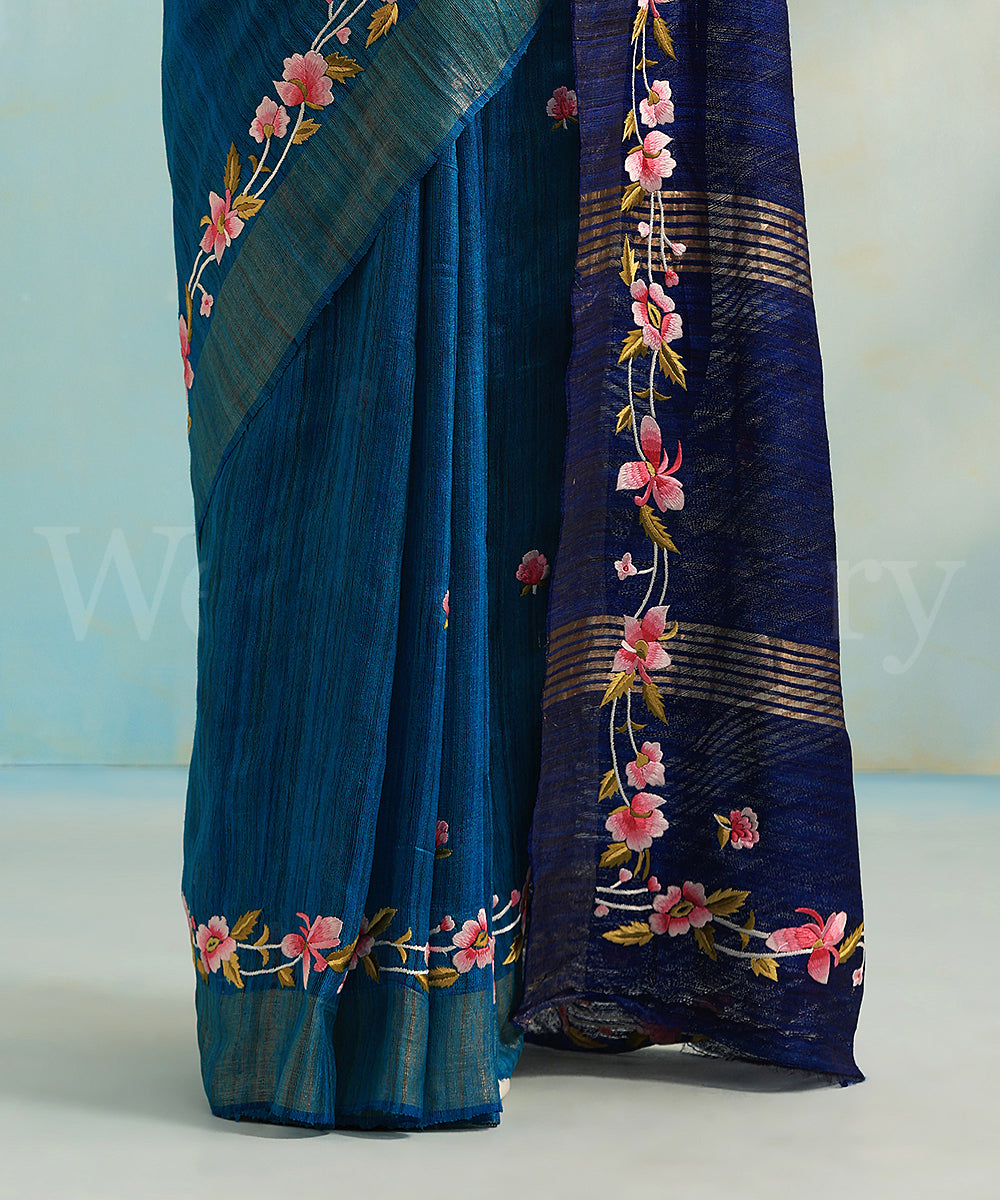 Blue_Handloom_Tussar_Silk_Parsi_Gara_Saree_With_Floral_Bel_WeaverStory_04
