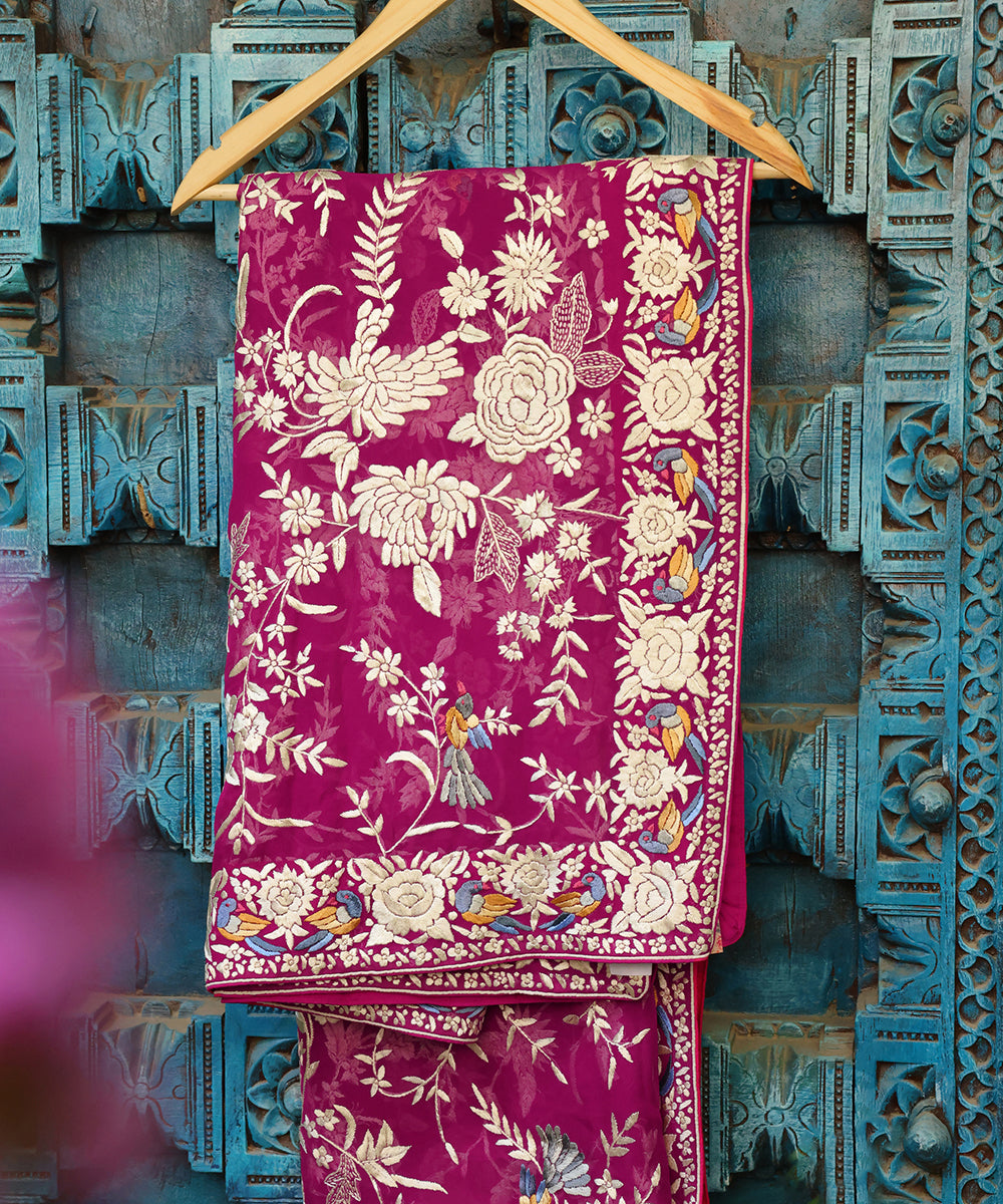 Wine_Handloom_Georgette_Parsi_Gara_Dupatta_With_Embroidered_Rose_Jaal_WeaverStory_01