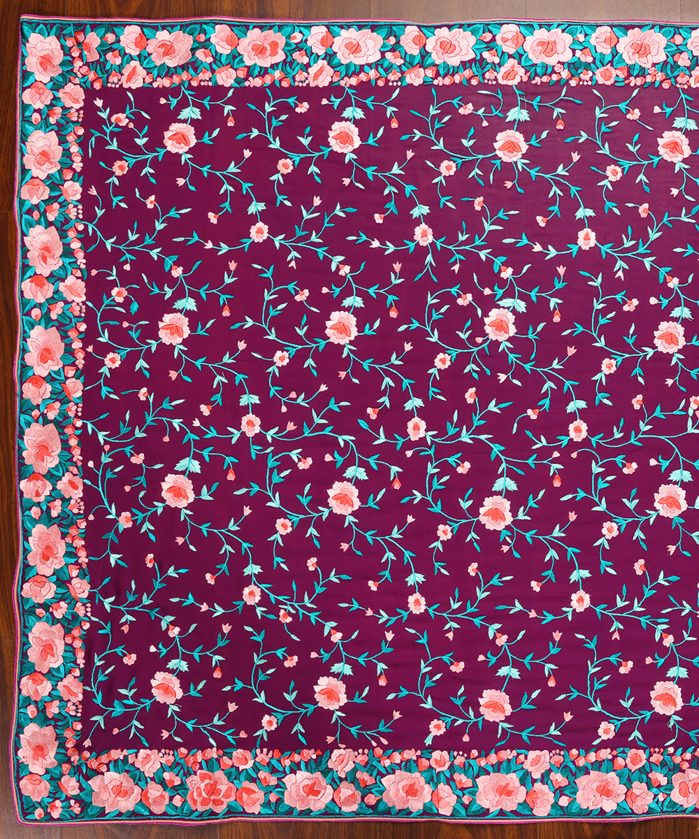 Wine_Georgette_Parsi_Gara_Dupatta_With_All_Over_Jaal_And_Rose_Border_WeaverStory_02