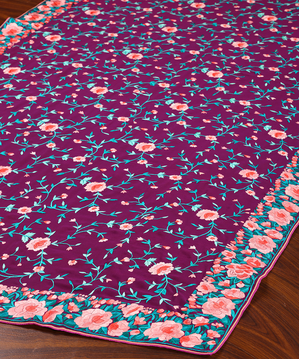 Wine_Georgette_Parsi_Gara_Dupatta_With_All_Over_Jaal_And_Rose_Border_WeaverStory_03
