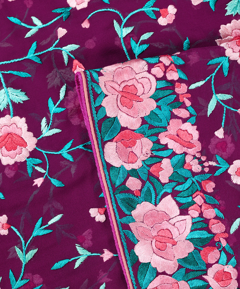 Wine_Georgette_Parsi_Gara_Dupatta_With_All_Over_Jaal_And_Rose_Border_WeaverStory_04