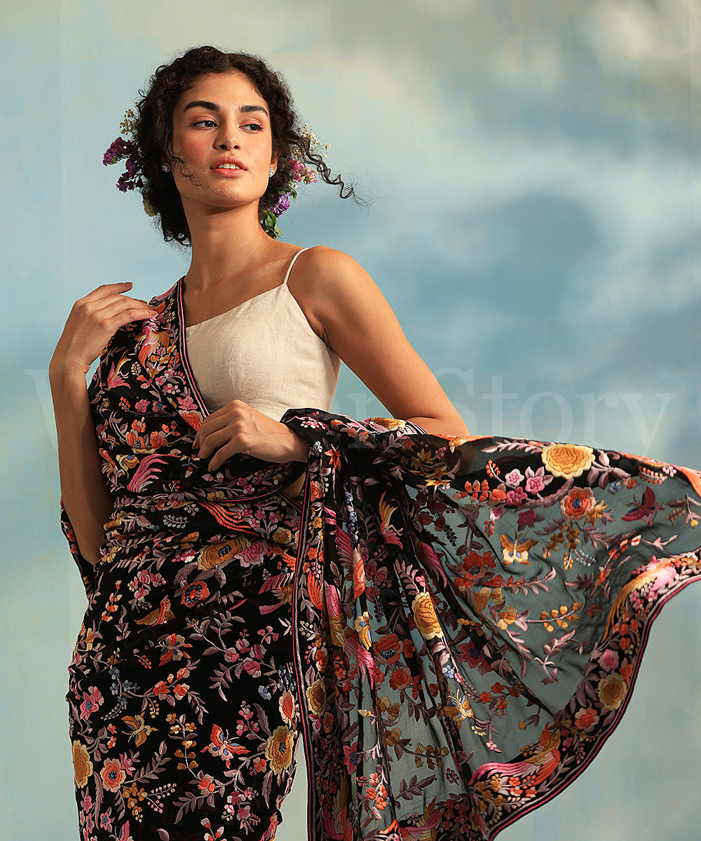 Black_Handloom_Georgette_Parsi_Gara_Saree_With_Birds_And_Floral_Jaal_WeaverStory_01