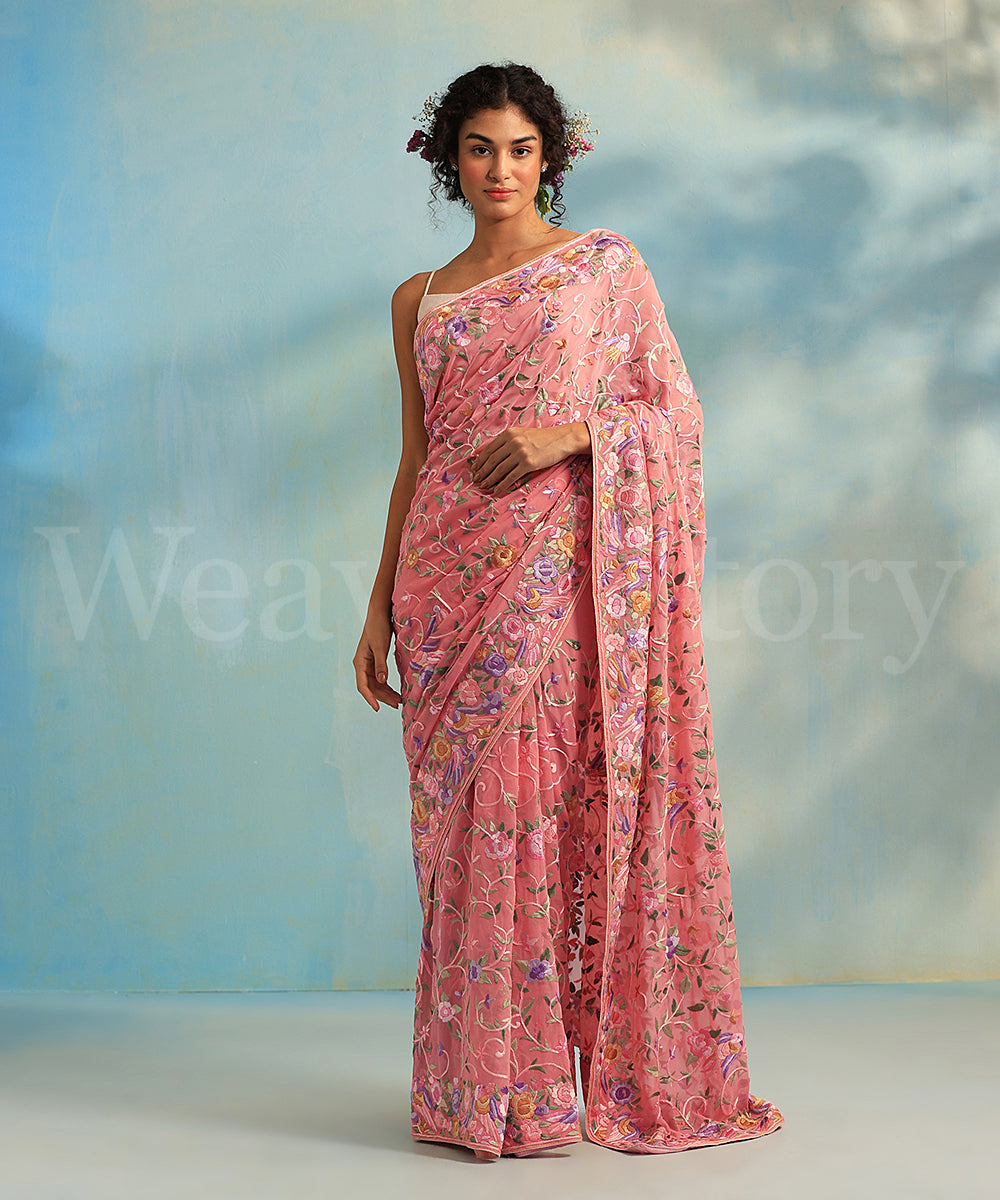 Pink_Handloom_Georgette_Parsi_Gara_Saree_With_Pastel_Birds_And_Roses_WeaverStory_02