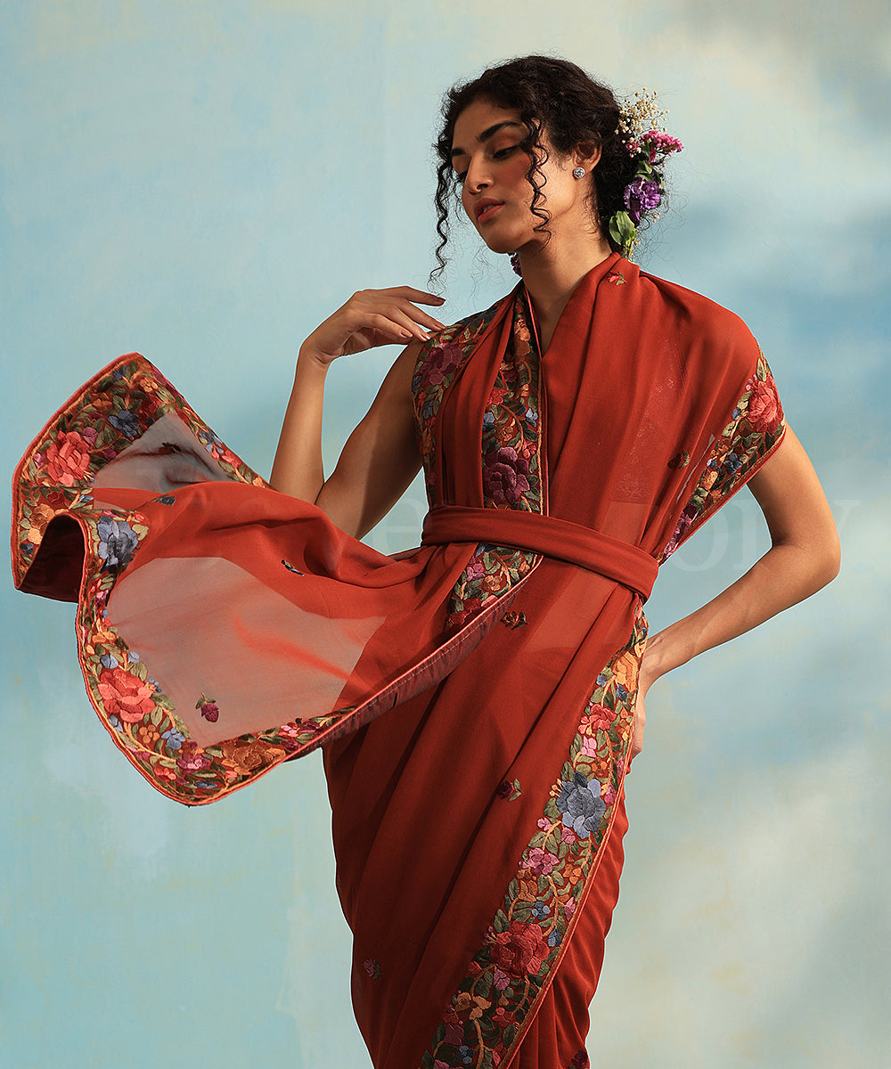 Brown_Handloom_Georgette_Parsi_Gara_Saree_With_All_Over_Booties_And_Rose_Border_WeaverStory_01