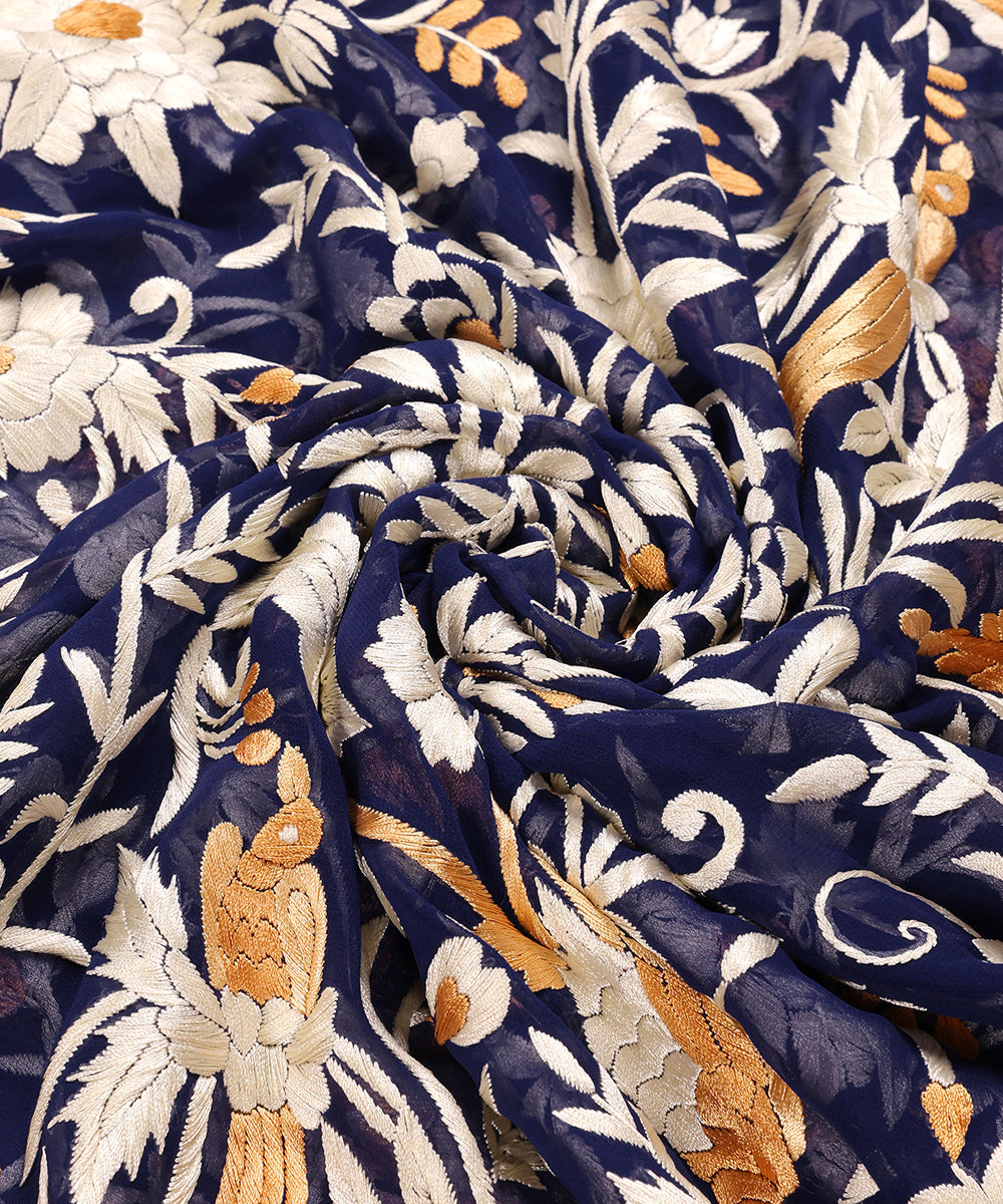 Blue_Handloom_Georgette_Parsi_Gara_Dupatta_With_All_over_Flowers_And_Bird_Motifs_WeaverStory_06