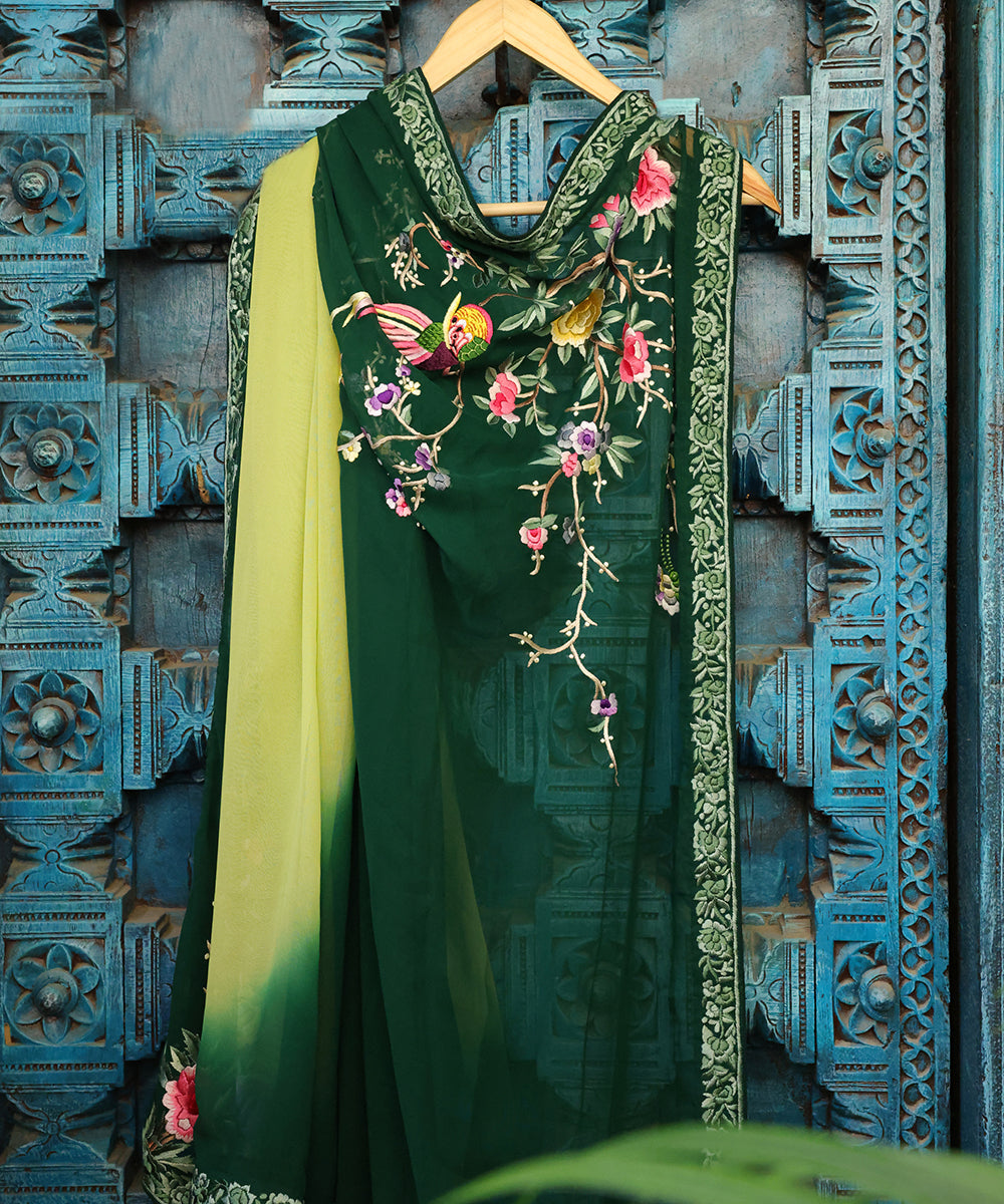 Green_Handloom_Georgette_Parsi_Gara_Dupatta_With_Embroidered_Leaf,_Flower_And_Bird_Motifs_WeaverStory_01