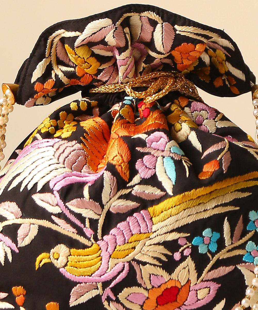 Black_Crepe_Single_Side_Embroidered_Parsi_Gara_Potli_With_Multicolored_Peacock_Pattern_WeaverStory_03