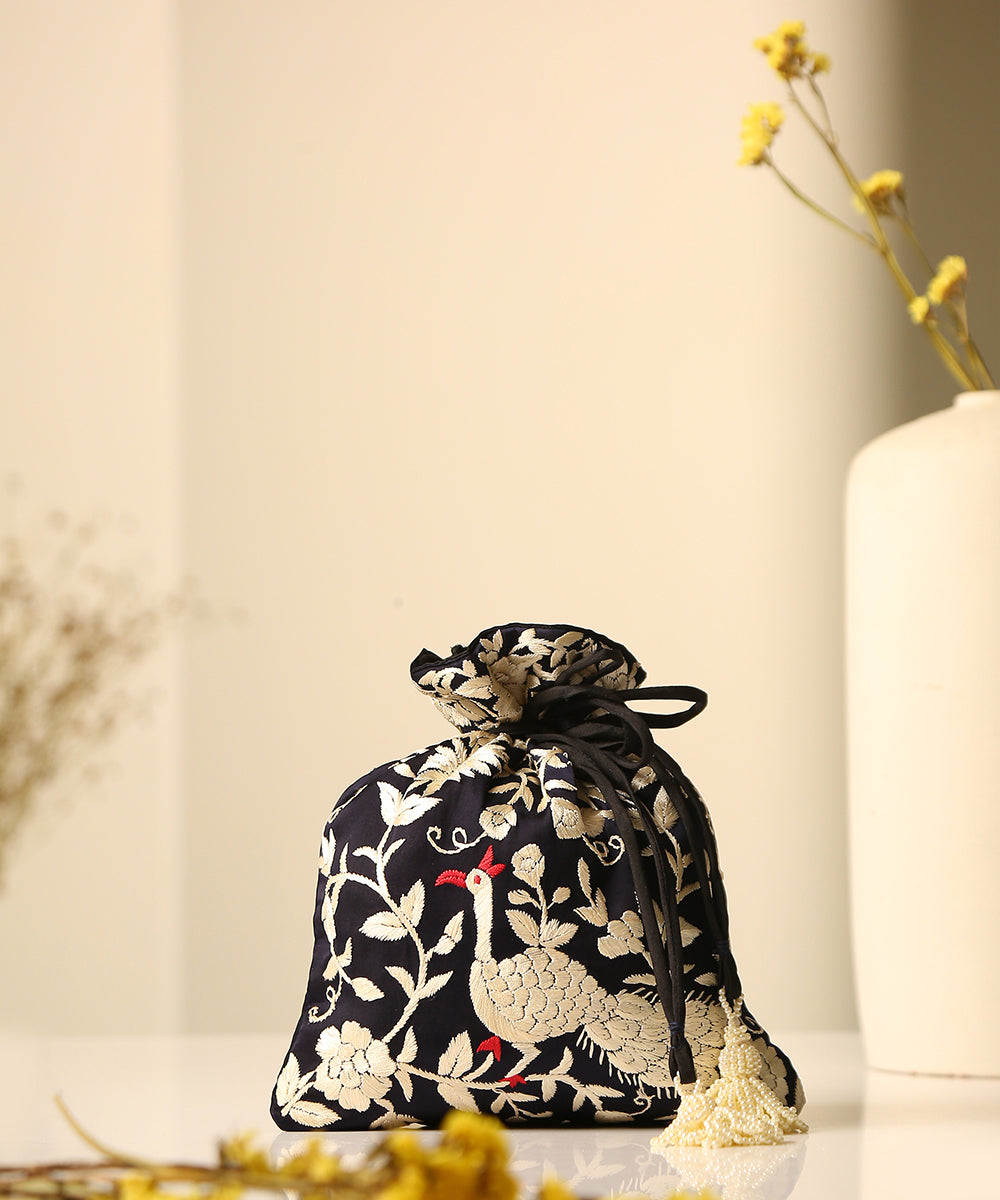 Black_Crepe_Single_Side_Embroidered_Parsi_Gara_Potli_With_Multicolored_Peacock_Pattern_WeaverStory_01