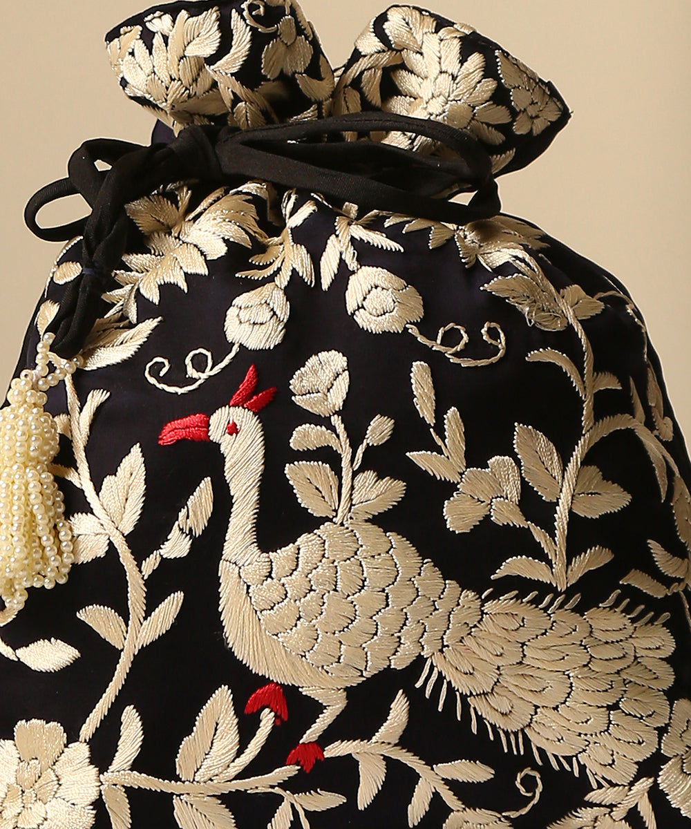 Black_Crepe_Single_Side_Embroidered_Parsi_Gara_Potli_With_Multicolored_Peacock_Pattern_WeaverStory_03