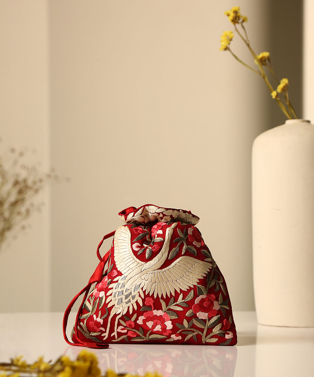 Maroon_Crepe_Single_Side_Embroidered_Parsi_Gara_Potli_With_Saras_Pattern_WeaverStory_01