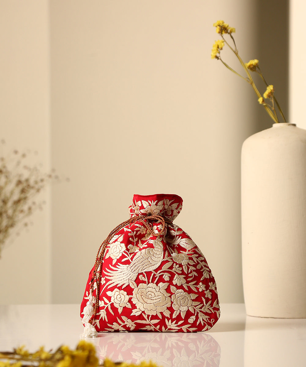 Red_Crepe_Single_Side_Embroidered_Parsi_Gara_Potli_With_Floral_Border_WeaverStory_01