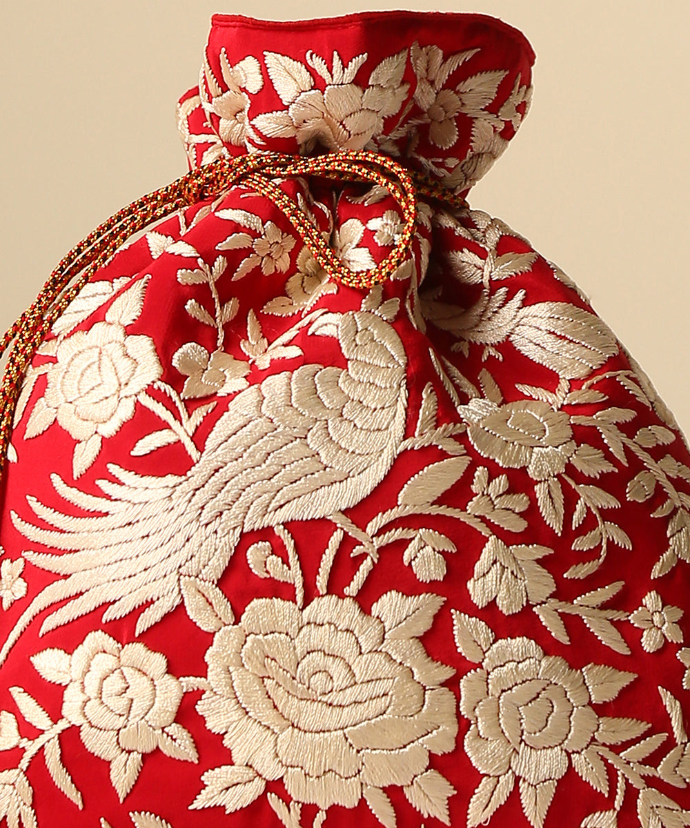 Red_Crepe_Single_Side_Embroidered_Parsi_Gara_Potli_With_Floral_Border_WeaverStory_03