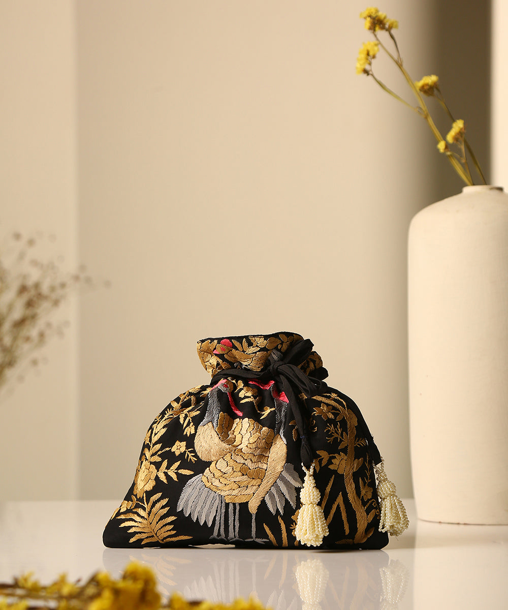 Black_Crepe_Single_Side_Embroidered_Parsi_Gara_Potli_With_Multicolored_Peacock_Pattern_WeaverStory_01