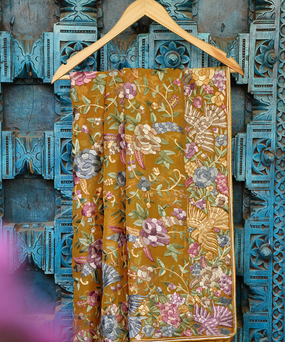 Mustard_Handloom_Georgette_Parsi_Gara_Dupatta_With_Embroidered_Rose_And_Bird_Motifs_WeaverStory_01