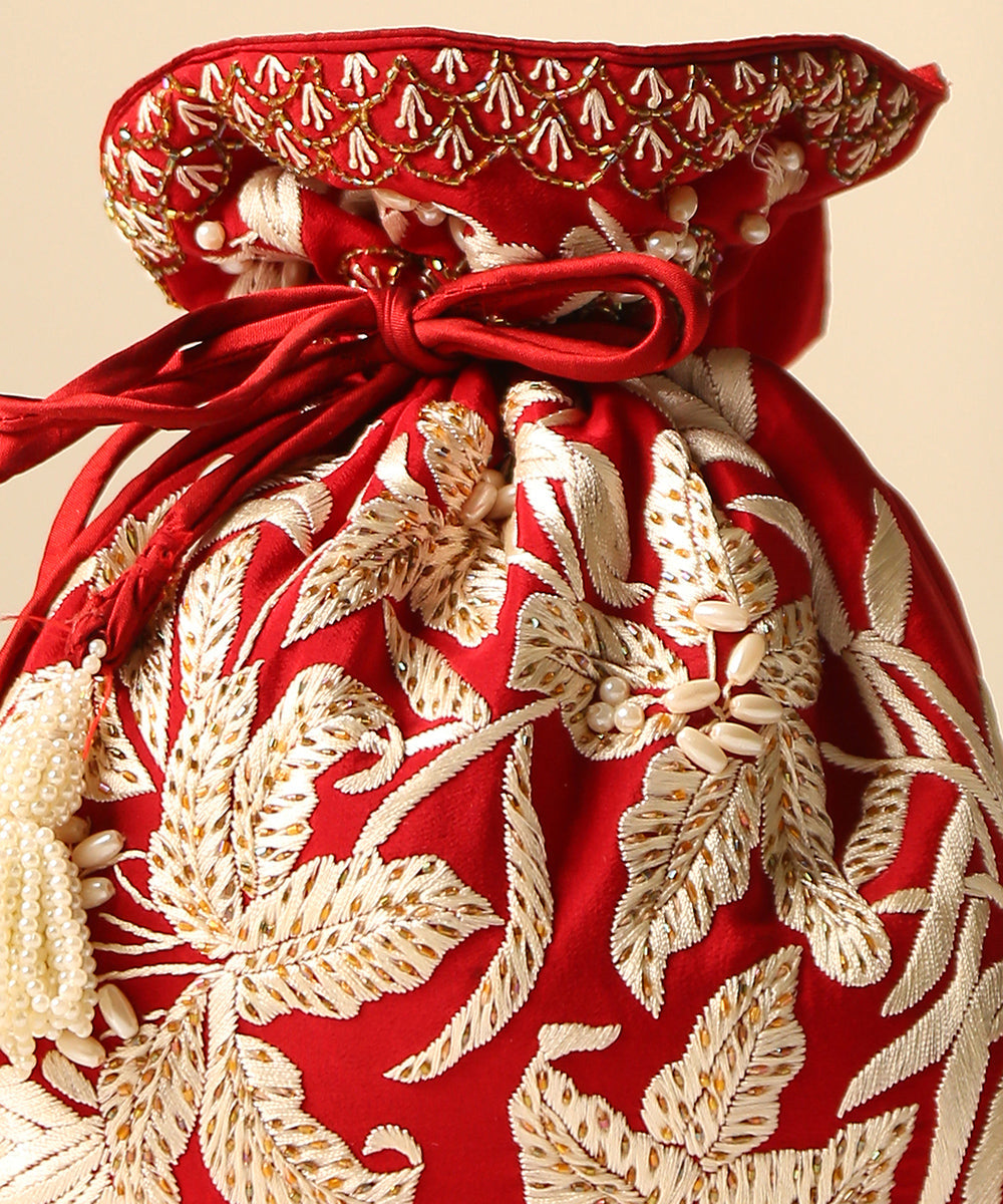 Maroon_Crepe_Single_Side_Embroidered_Parsi_Gara_Potli_With_Lily_Motifs_WeaverStory_03