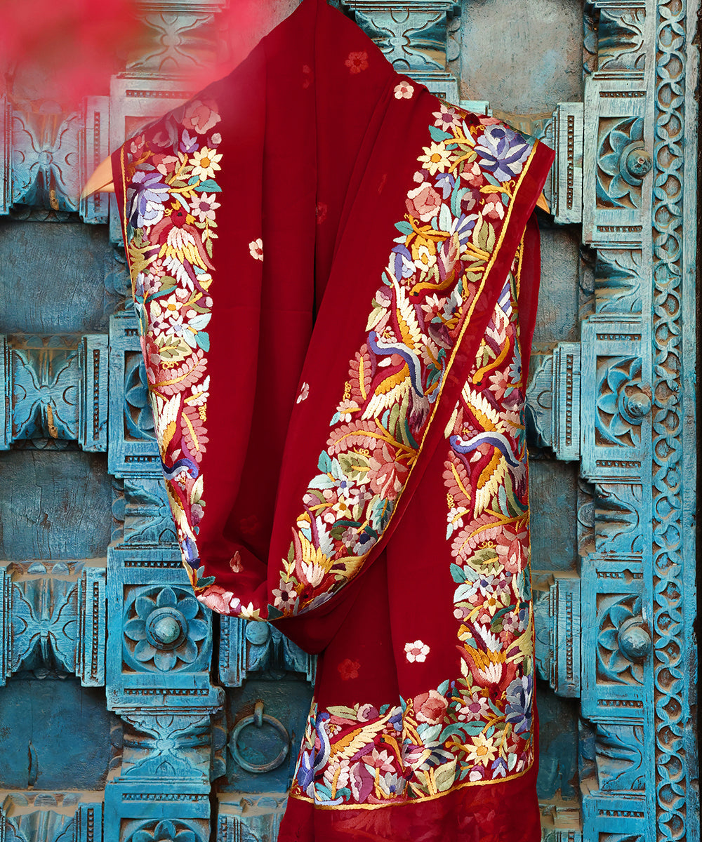 Maroon_Hand_Embroidered_Georgette_Parsi_Gara_Dupatta_With_Floral_Motifs_WeaverStory_01