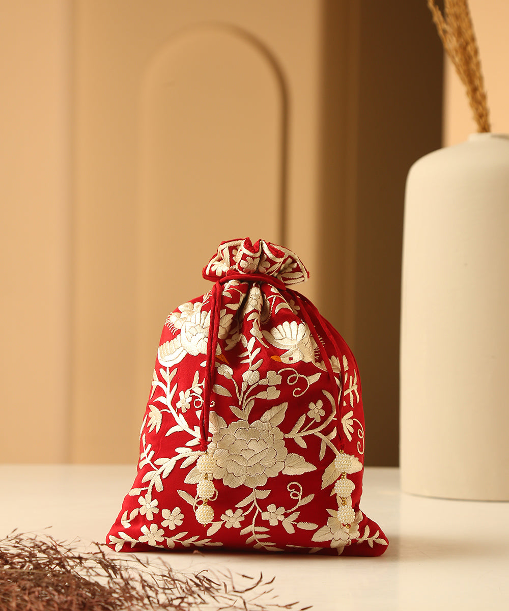Crepe_Red_Single_Side_Hand_Embroidered_Parsi_Gara_Potli_With_Flower_Motifs_WeaverStory_01