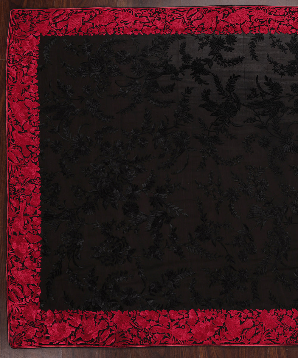 Black_Handloom_Georgette_Parsi_Gara_Dupatta_With_Embroidered_Floral_Jaal_And_Bird_Motifs_Border_WeaverStory_02
