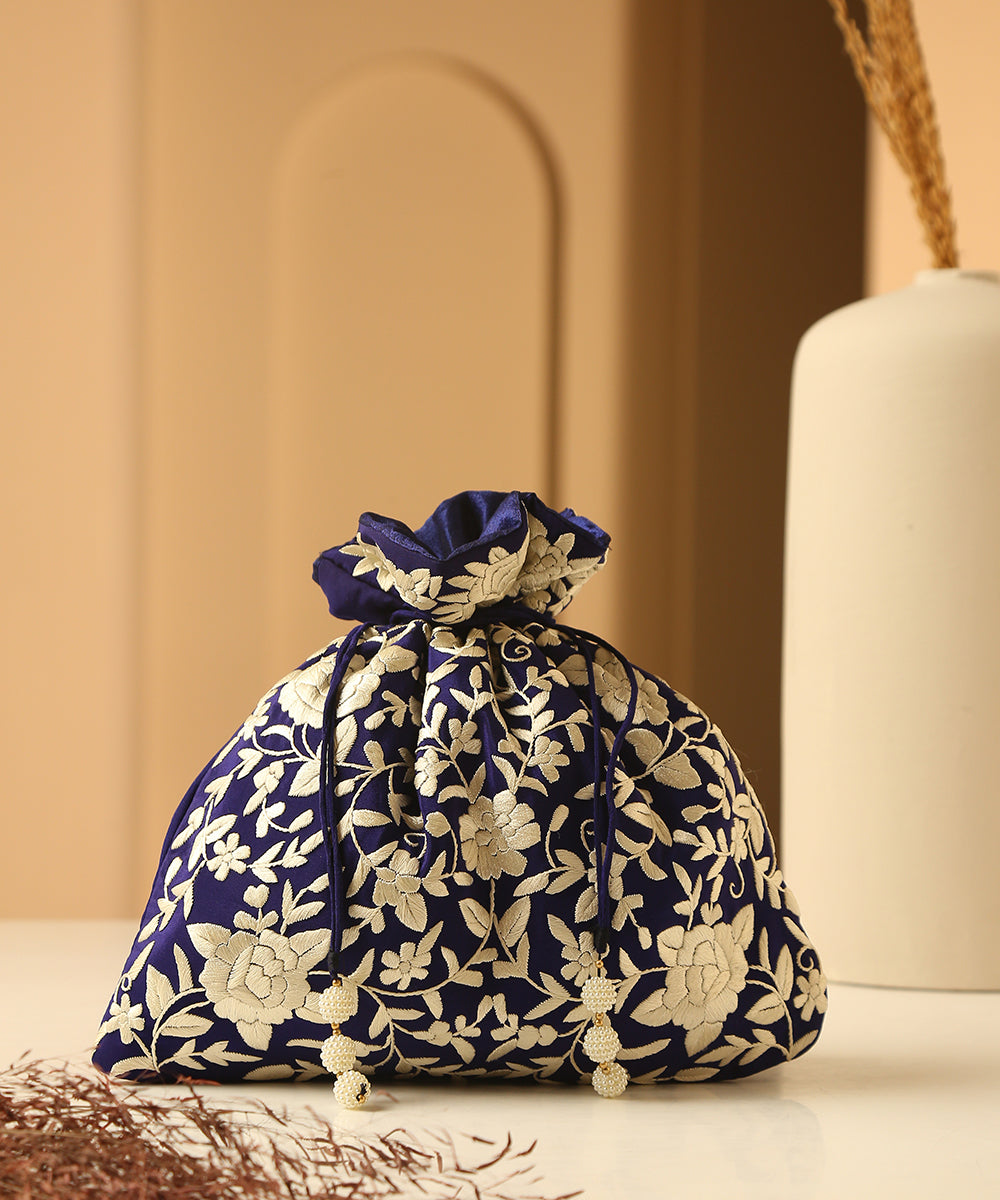 Royal_Blue_Crepe_Single_Side_Hand_Embroidered_Parsi_Gara_Potli_With_Floral_Jaal_WeaverStory_01
