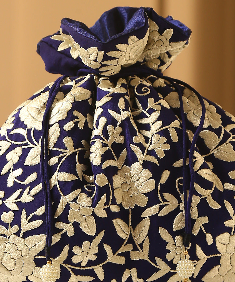 Royal_Blue_Crepe_Single_Side_Hand_Embroidered_Parsi_Gara_Potli_With_Floral_Jaal_WeaverStory_03