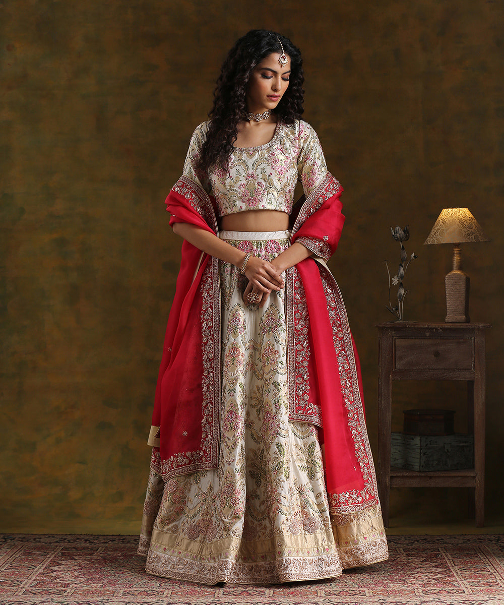 Handloom Offwhite Pure Katan Silk Banarasi Lehenga Set Stitched Lehenga