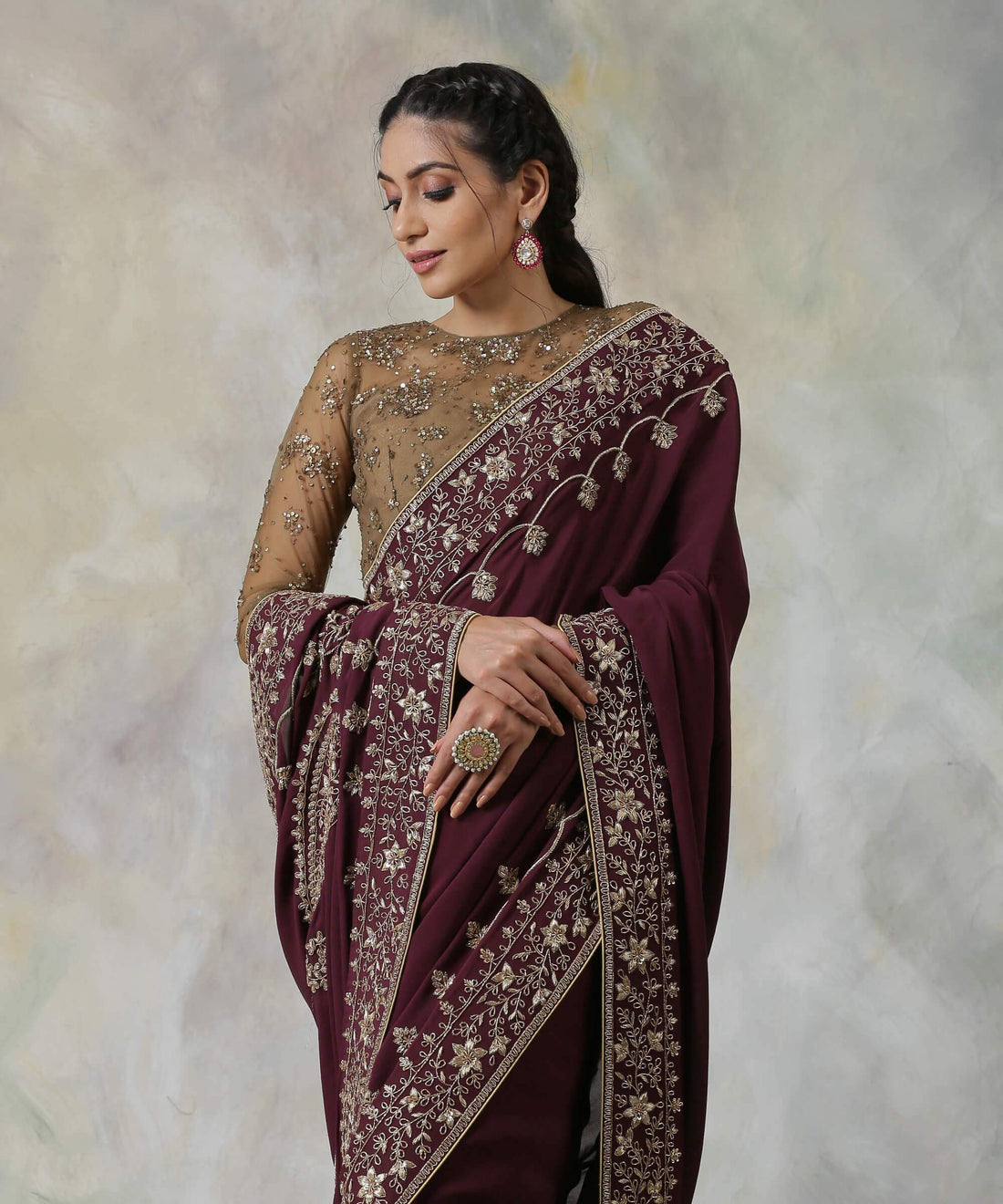 Wine_Pure_Crepe_Georgette_Saree_with_Zardozi_Borders_and_Paisleys_on_the_Pallu_WeaverStory_01