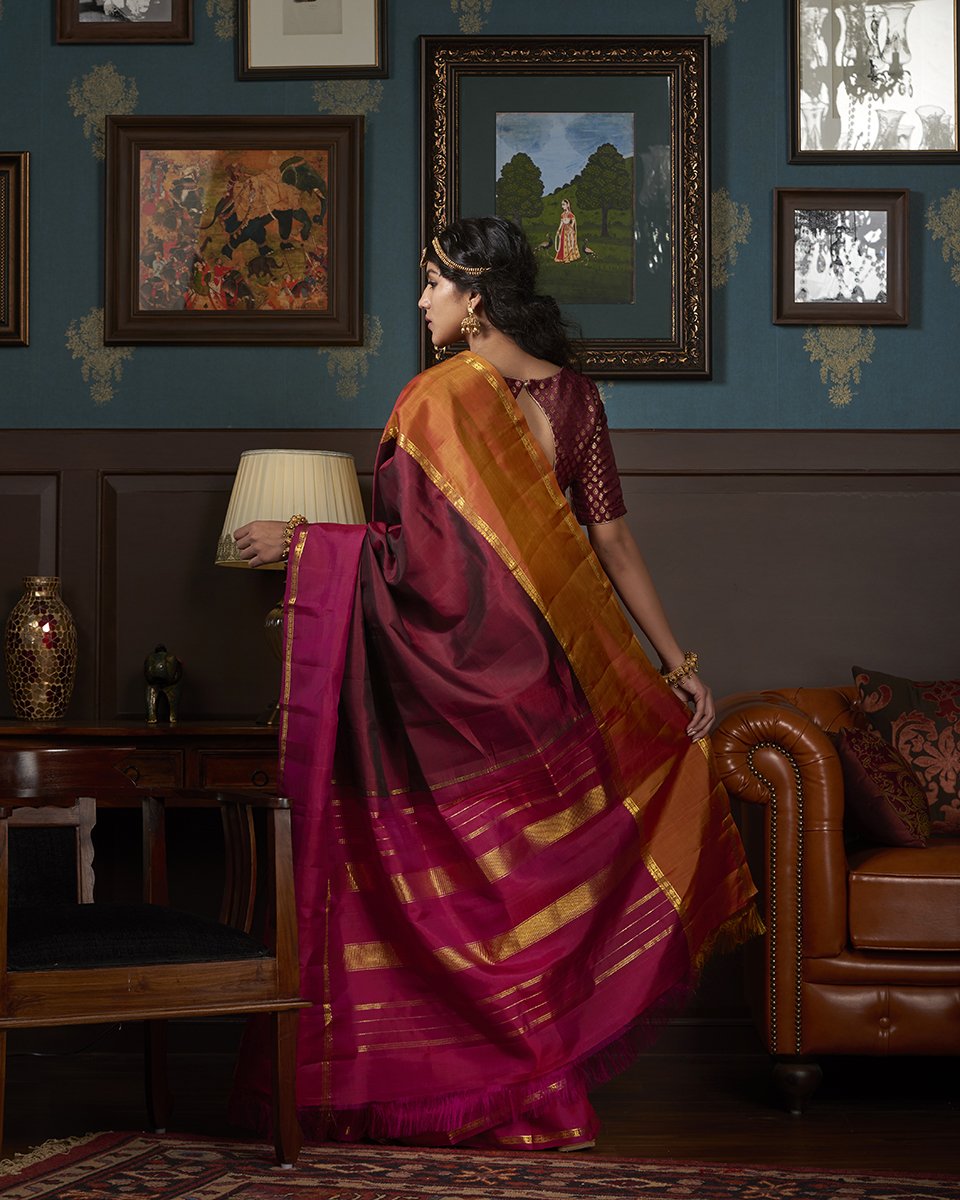 Wine_Handloom_Kanjivaram_Silk_Saree_With_Plum_And_Mustard_Border_WeaverStory_03