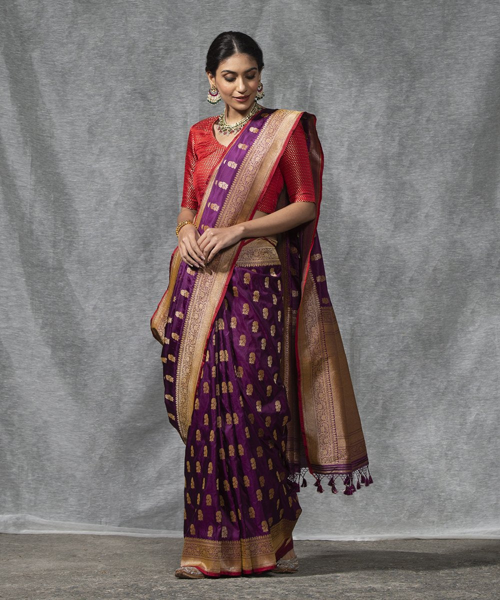 Wine_Handloom_Katan_Silk_Cutwork_Banarasi_Saree_with_Booti_and_Red_Selvedge_WeaverStory_02