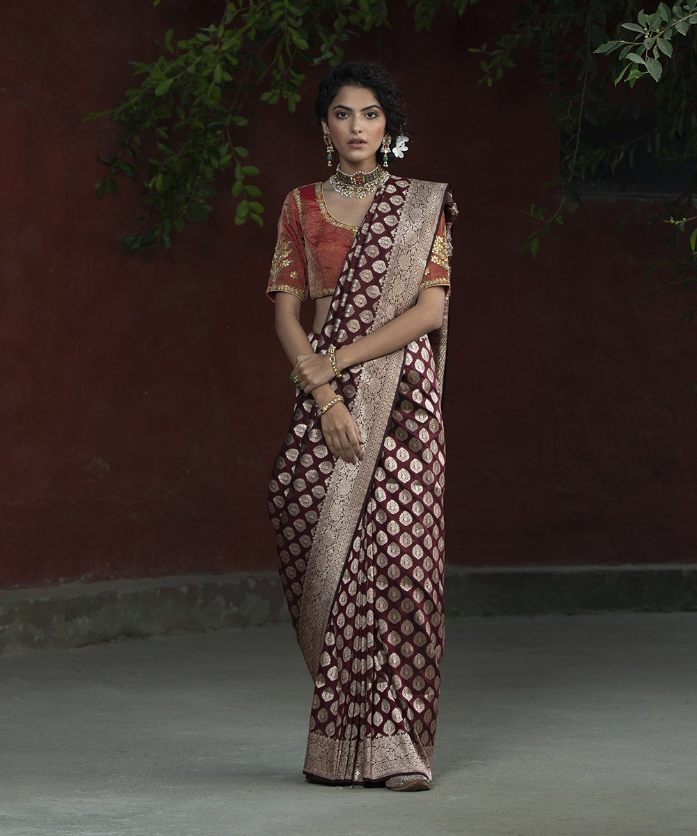 Wine_Handloom_Katan_Silk_Paisley_Banarasi_Saree_with_Boota_WeaverStory_02