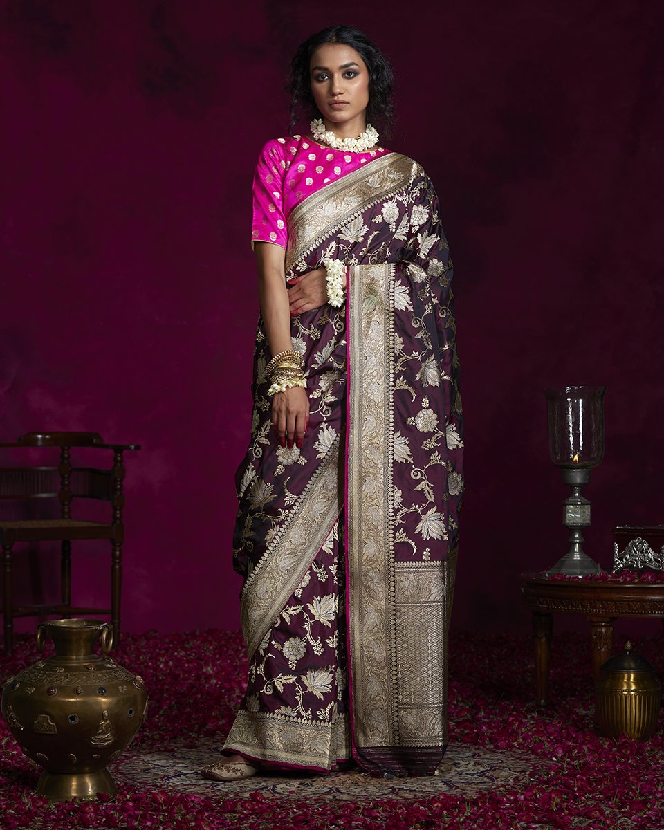Wine_Katan_Silk_Handloom_Banarasi_Saree_with_Floral_Jaal_and_Tissue_Weft_Border_WeaverStory_02